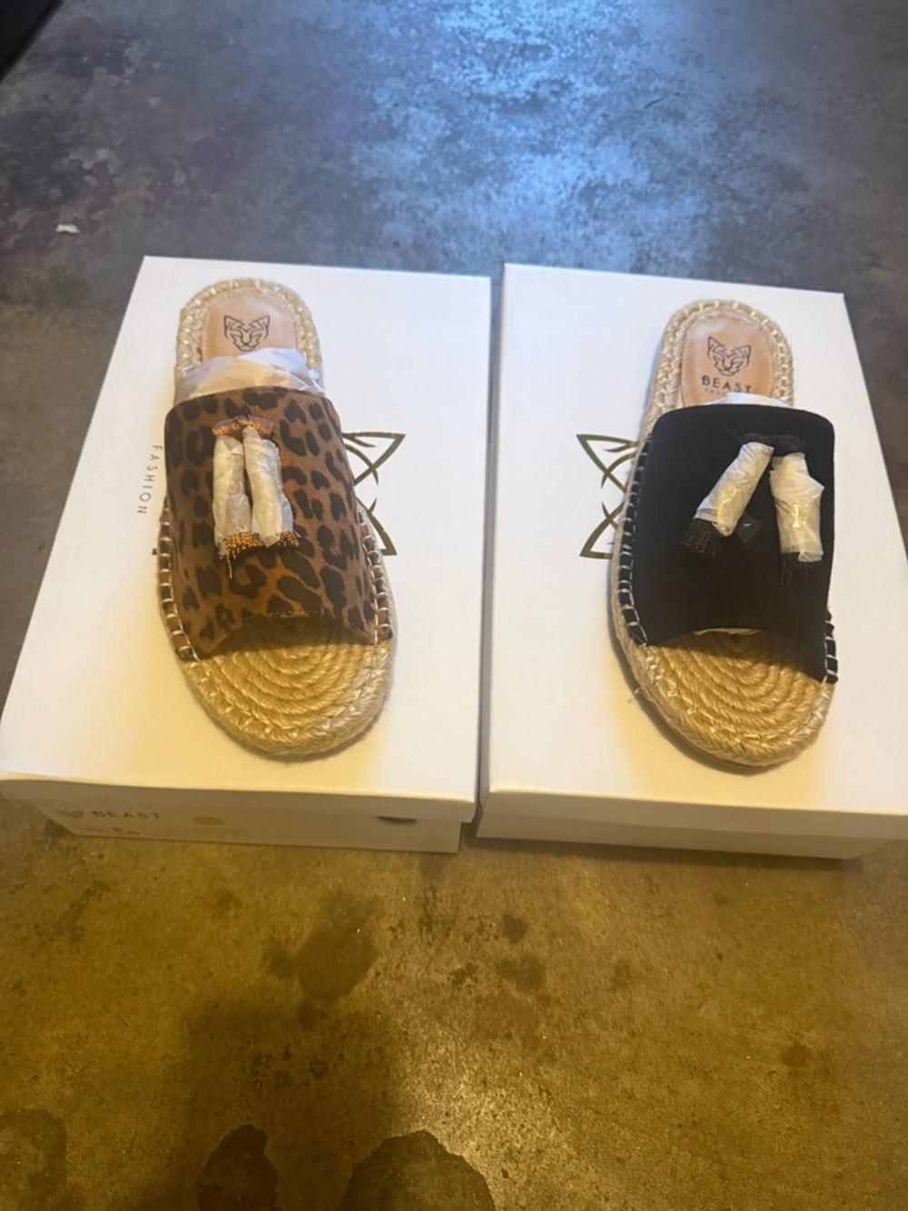 BEAST FASHION Leopard and Black Espadrille Slide Sandals